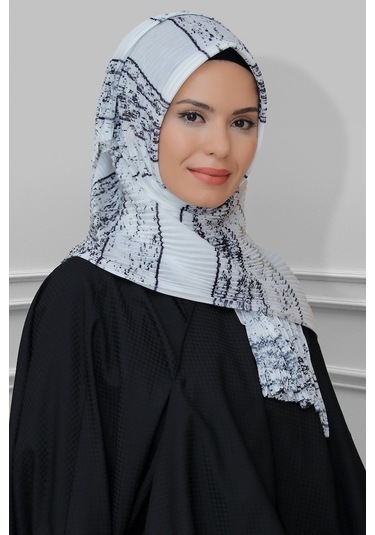 Krem Pratik Hazır Geçmeli Tesettür Eşarp Kesik Elyaf Piliseli Çiz Krem