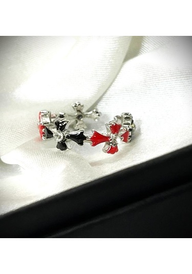 Dükkan Design Taşlı Kırmızı Siyah Haç Sarmalı Yüzük Kırmızı-Siyah