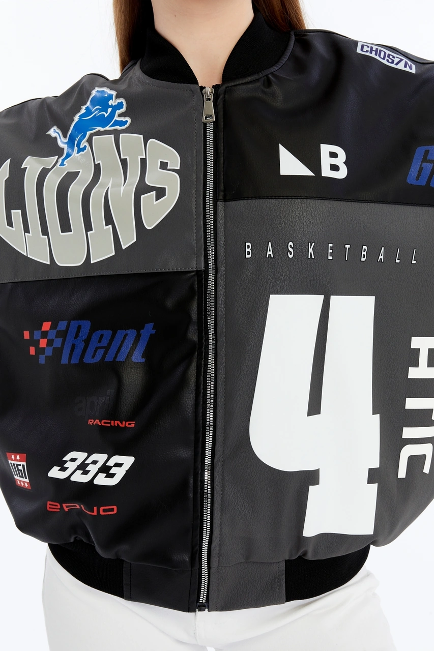 Kadın Oversize Baskılı Deri Motorcu Montu Fermuarlı Yarışçı Ceket Astarlı Bomber Kolej Mont Antrasit