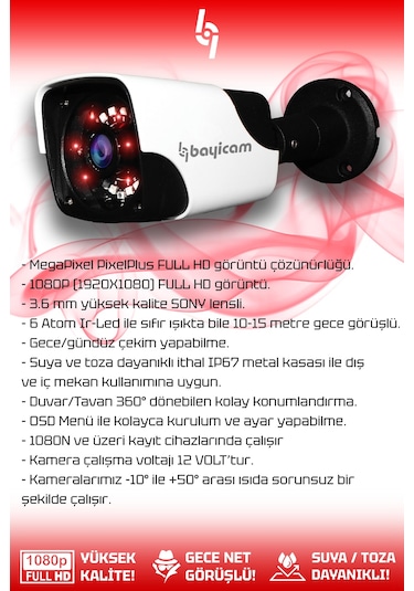 Bayicam 6 Kameralı Panda 6 Dış Kamera Set 1 TB HDD Full HD Gece Görüşlü Güvenlik Kamerası Sistemi