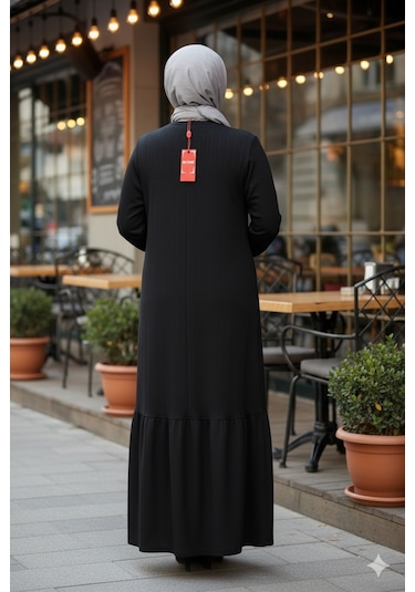 Hesna Kadın Derya Fitilli Doku Eteği Farbalı Broşlu Siyah Elbise Siyah