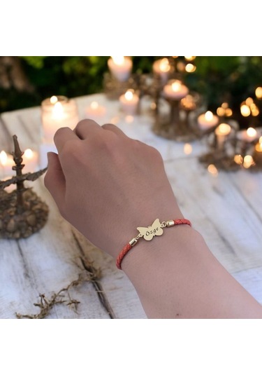 Özge İsmine Özel Turuncu Derili Kelebek Motifli 14 Ayar Altın Plakalı Hediye Bileklik-502isim Özge