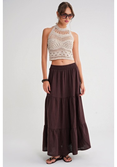 4567 Kadın Fırfırlı Uzun Müslin Etek Kahve Kahve