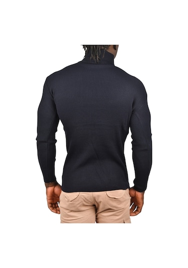 Deepsea Erkek Lacivert İnce Fitilli Tam Boğazlı Balıkçı Yaka Tüylenmeyen Triko Kazak 2505498 Lacivert