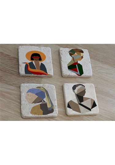 Renkli Vektör İnci Küpeli Kız Ve Portreler Doğal Taş Bardak Altlığı 4'lü Set - Natural Stone Coasters - Taş Çok Renkli
