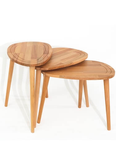 Sweet Naturel Renk Masif Doğal Ahşap Yan Sehpa 3'lü Zigon Sehpa