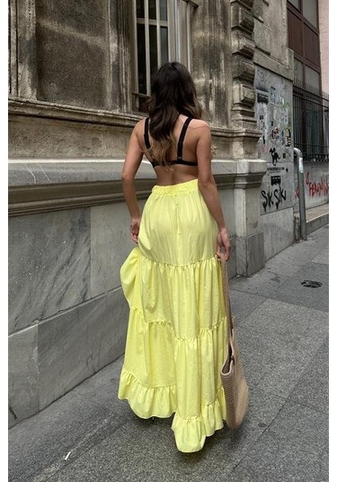 Audrey Fıfrlı Yırtmaç Detay Etek 4037 Sarı