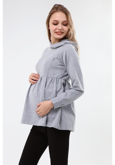 Luvmabelly Myra4530 Büzgülü Fermuarlı Emzirme Sweatshirt -Gri