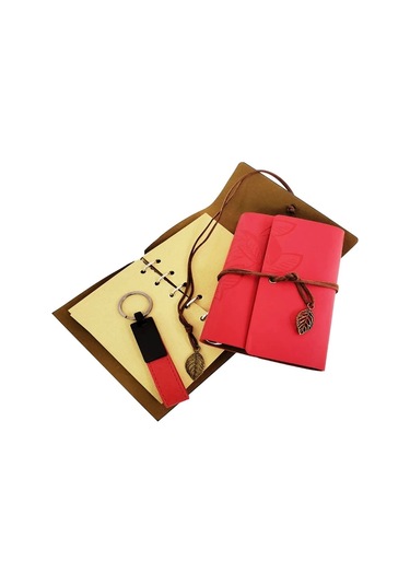 Özel Ahşap Kutulu Kırmızı Deri Defter Ve Anahtarlık Set 1 Adet
