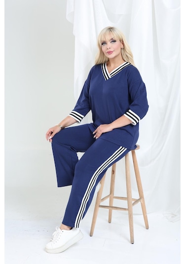 Şeritli Takım Oysho Modal Kumaş Şeritli Yumuşak Dokulu M-6xl Lacivert