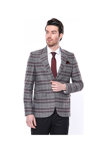 Ekose Desenli Slim Fit Bordo Erkek Ceket 001