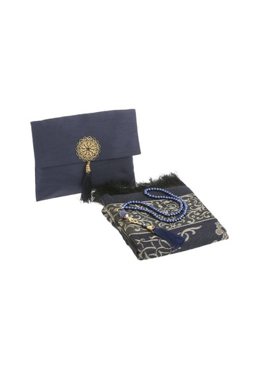 Şantuk Keseli Tafta Seccade Ve İnci Vavlı Tesbih Set , Taşınabilir Namaz Seti Lacivert