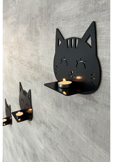 Dekoratif Kedi Duvar Rafı 3 Lü Set 20 Cm Duvar Mumluğu Siyah