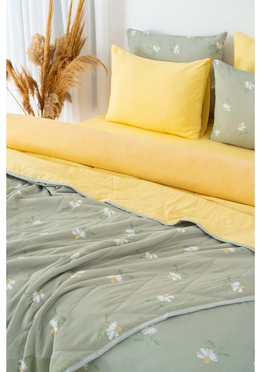 Yeşil Papatya Çift Kişilik Nevresimli Pike Takımı - 7 Parça Çeyiz Seti Yeşil