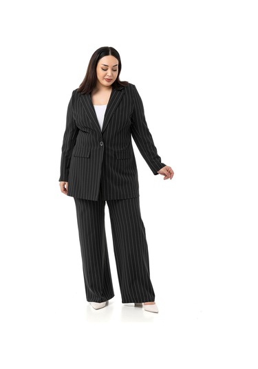 Büyük Beden Çizgili Siyah Ceket Pantolon İkili Takım Siyah