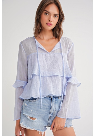 4735 Kadın Uzun Kollu Fırfırlı Bağlamalı Bluz Bebe Mavi Bebe Mavi