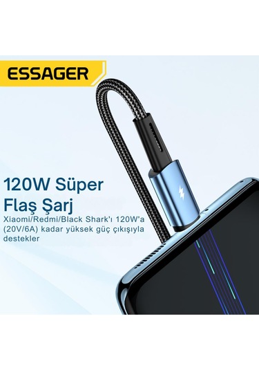 Essager 1 Metre 120w 6a Pd3.1 Usb To Type-c Mega Hızlı Data Şarj Kablosu, Ultra Sağlam Halat Kablo Kopmaz