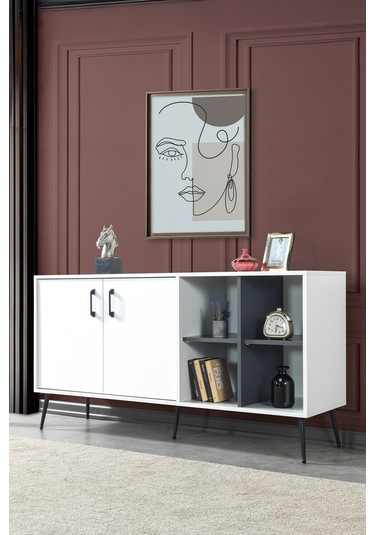 4612 Şile Metal Ayaklı Metal Kulplu Konsol - Yemek Odası - Salon Odası Beyaz Beyaz - Antrasit