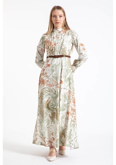 Hasır Örgü Kemer Detaylı Desenli Emprime Elbise Haki-haki Haki