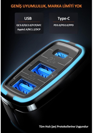 Usams US-CC126 PD Type-C + 2XUSB-A 80W Çakmaklık Hızlı Şarj Cihazı