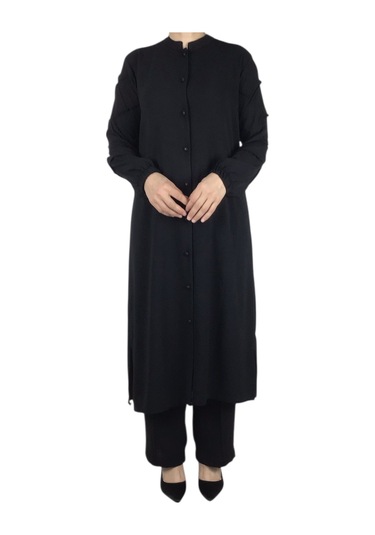 Kadın Önü Düğmeli Kolları Lastikli Pantolon Beli Lastikli Ayrobin Takım Siyah