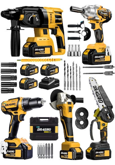 Dragro Alman DRG-5LST Kömürsüz S 5 x 3 5'li Set Kırıcı Delici + Somun Sıkma + Taşlama Makinesi + Matkap + Dal Budama + 3 Akülü
