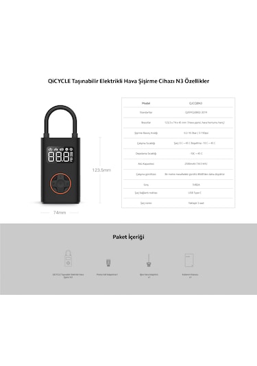 Xiaomi Qicycle N3 Elektrikli Taşınabilir Hava Pompası Genpa Gara