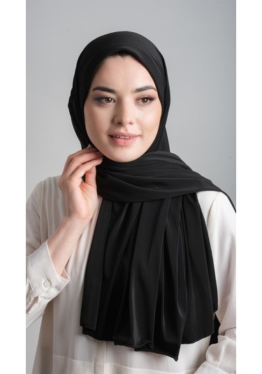 Siyah Pratik Hazır Geçmeli Eşarp Sandy Kumaş Sade 1817_01 Siyah
