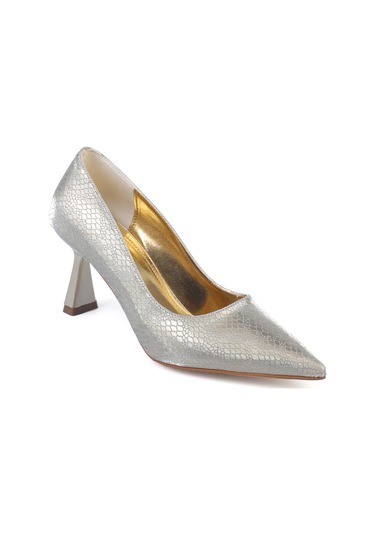 Shoetek Luana Kadın Stiletto Kroko Desenli Topuklu Ayakkabı Altın Simli Altın Simli