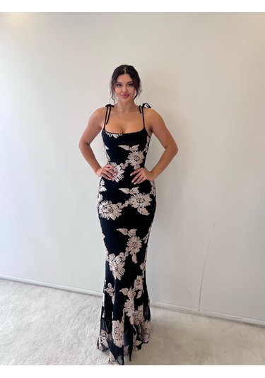 Siyah Bej Ayarlanabilir Askılı Çiçekli Siyah Bej