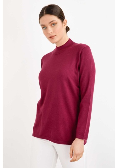 Desen Triko Kadın Likralı Uzun Kol Basic Yarım Balıkçı Bluz 0240016 Mürdüm Mürdüm