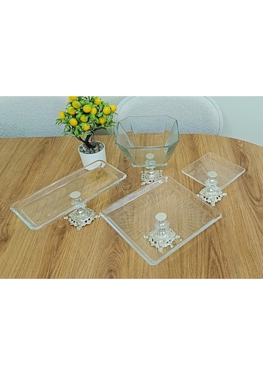 Elta Collection 4 Parça Gümüş Pasta Sunumluk Kurabiyelik Seti Gri