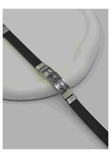 Deri Kordonlu Çelik Erkek Thunder Bileklik Siyah - Gümüş