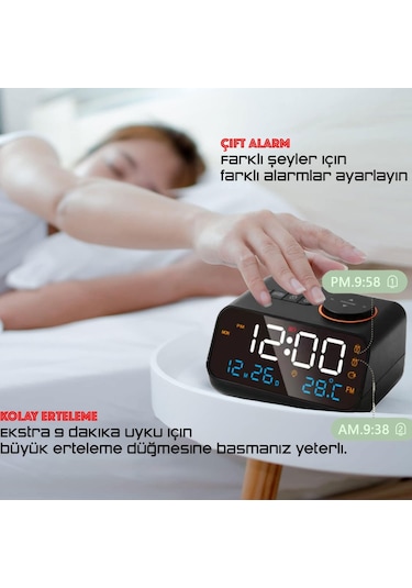 Hymark Dekoratif Led Dijital Saat Fm Radyo 2 Alarm Sıcaklık Ve Nem Göstergeli Şarjlı Pilli Saat Siyah