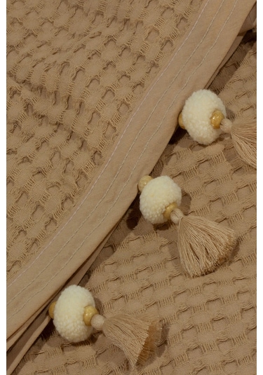 Vionel Home Pamuklu Waffle Desen Ponponlu Çift Kişilik Pike Kahverengi