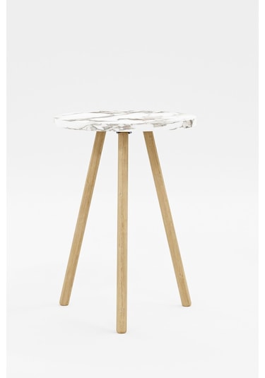 İntergo Yuvarlak Ahşap Ayaklı Tekli Zigon Yan Sehpa Beyaz Mermer