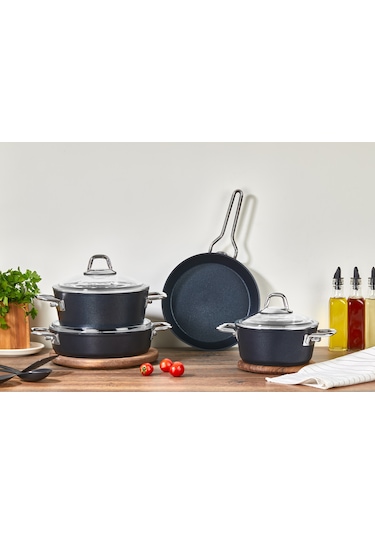 Amboss Shadow 7 Parça Yanmaz Yapışmaz Ezme- Granit Tencere Seti - Siyah