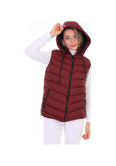 Euromoda Everest Kadın Jel Dolgu Kapüşonlu Şişme Yelek Bordo