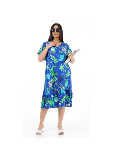 Schık Kadın Viskon Yarım Kol V Yaka Cepli Fırfırlı Elbise Kırmızı Saks