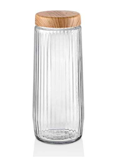 6 Adet 1,5 Litre Mega Boy Bambu Kapak Görünümlü Çizgili Kavanoz Seti 1500 Ml