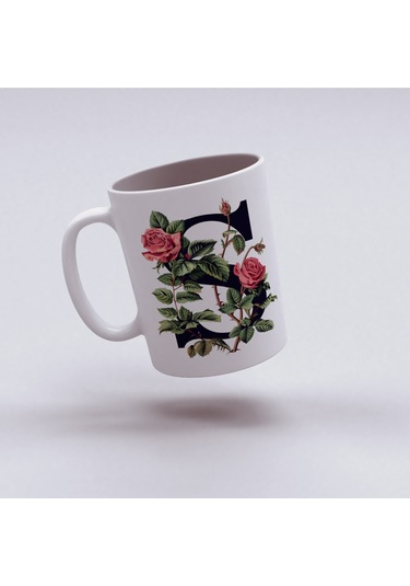 S Baş Harf Kırmızı Güller İle Sarılı Bardak 330 Ml Kişiye Özel Çiçekli Hediye Beyaz