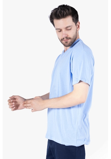 T-shirt V Yaka %100 Pamuk Gök Mavi