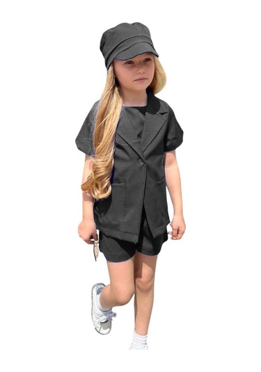 Riccotarz Kız Çocuk Kolsuz Penye Bluz Kısa Kollu Blazer Ceket Şapkalı Siyah Şortlu Takım Siyah