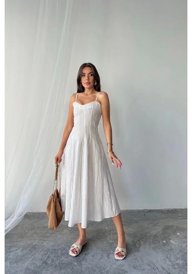 Simli Çizgili Askılı Elbise Midi Boy - Kahverengi Kahverengi