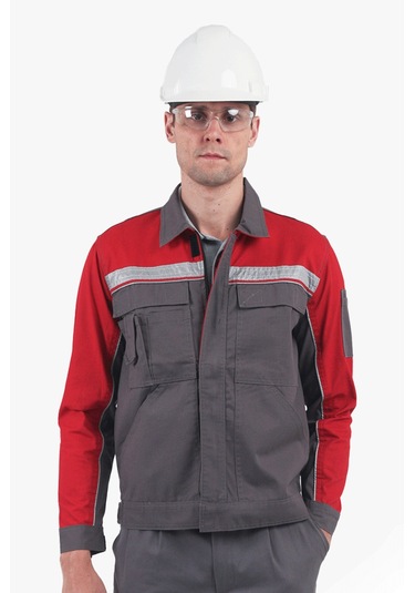 3 Cm Reflektörlü Çok Cepli Mont Gri - Kırmızı