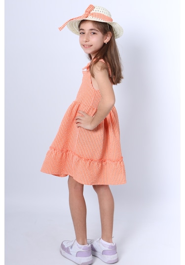 Kız Çocuk Şapkalı Elbise Kareli Fiyonklu B33 Turuncu