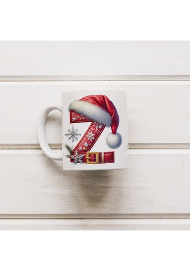 Z Harfi Yılbaşı Temalı Bardak 330 Ml Harfli Kişiye Özel Hediye - Yeniyıl / Noel Şapka Tasarım Beyaz