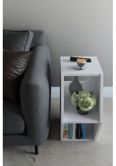Alpa Ev Mobilya Altıgen Tasarım Yan Sehpa, Modern Koltuk Yanı Ve Dekoratif Kitaplık, Salon Sehpası Beyaz