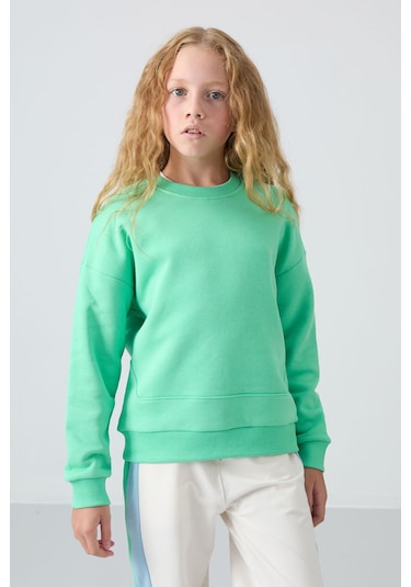 Tommy Life Su Yeşil Pamuklu İçi Tüylü Yumuşak Dokulu Oversize Nakışlı Kız Çocuk Sweatshirt - 75150 Su Yeşili