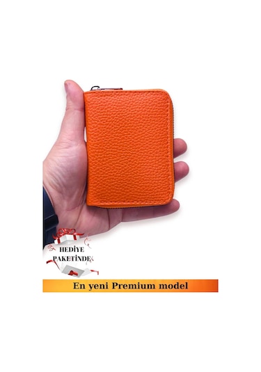 Unisex Vegan Deri Fermuarlı Turuncu Cüzdan Kartlık Ve Portföy Hediye Paketinde Turuncu